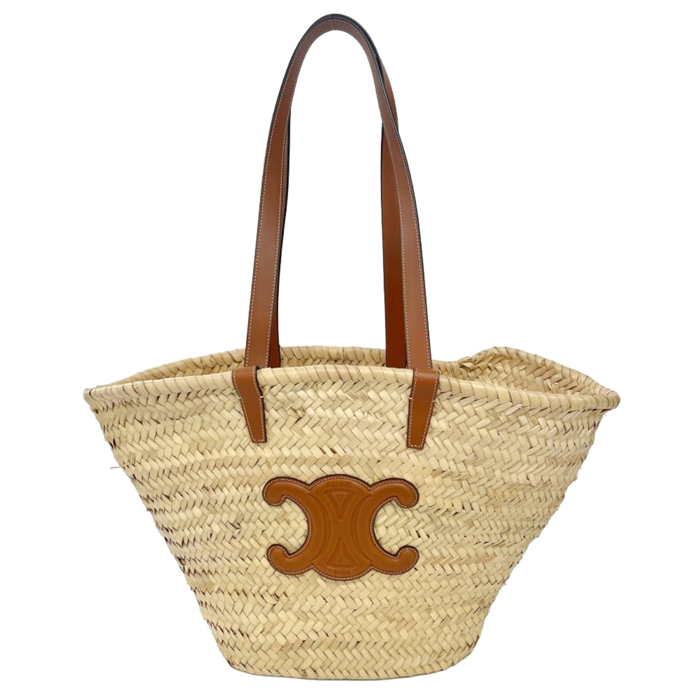 Celine Triomphe Medium Classic Panier Tote Bag, Raffia Calfskin, Beige, Baske...
